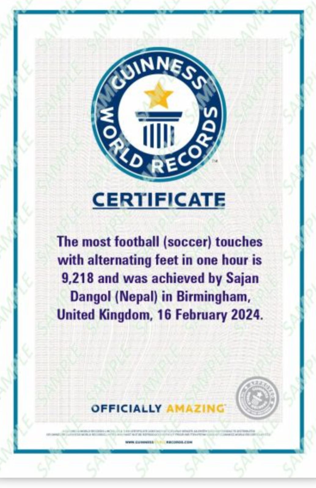 Guinness World Records certificate for 9,218 alternating football touches in one hour