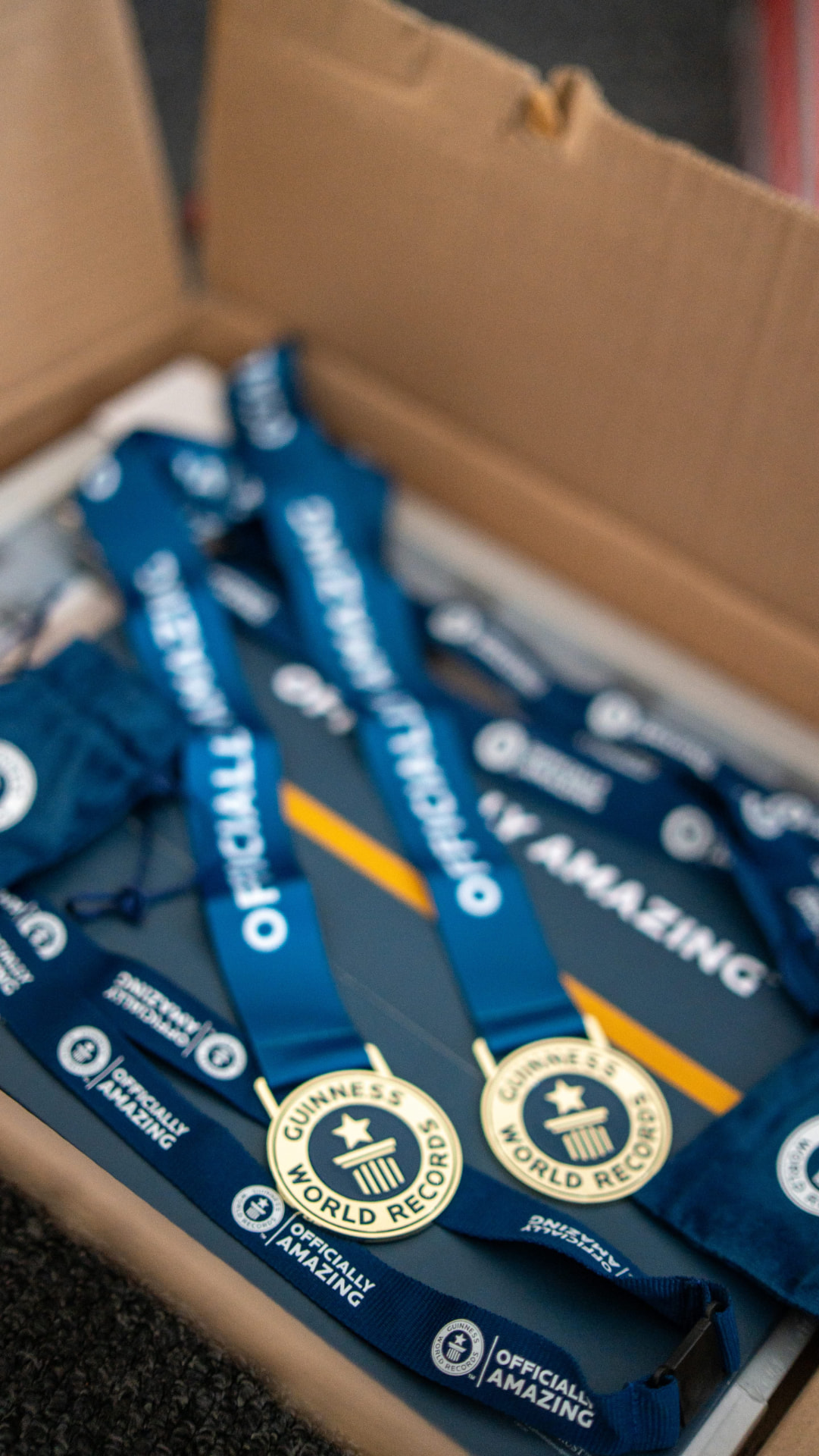 Two Guinness World Records medals with lanyards in a presentation box